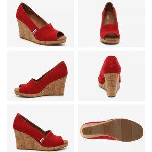 NWOT Toms Red Wedge Sandals Peep Toe Cork Heel